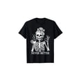 thumbnail image 1 of Never Better Skeleton Coffee Tee - Women's humorous graphic tee with messy bun and coffee design, black cotton casual top, short sleeves, crew neck, machine washable, 1 of 6