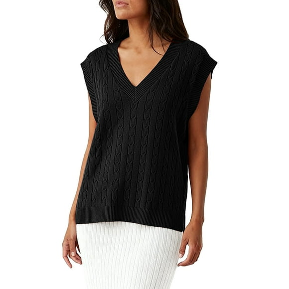 Comdrip Womens Sweater Vest Women's V Neck Sleeveless Oversized Sweater Vest Ribbed Cable Knitted Sleeveless Checked Knitwear Tanks Sleeveless Sweater Tops for Women, Black XL