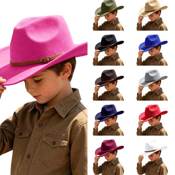 Wdgfv Kids Cowboy Hat for Girls Boys Western Cowgirl Hat with Buckle Belt Unisex Wide Brim Fedora Hat Dress Up Costume 6-12 Years