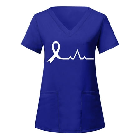 

TAIAOJING Women Scrubs Top Workwear Short Sleeve V Neck Heart Printed Top Nursed Working T Shirts Blouse With Pockets