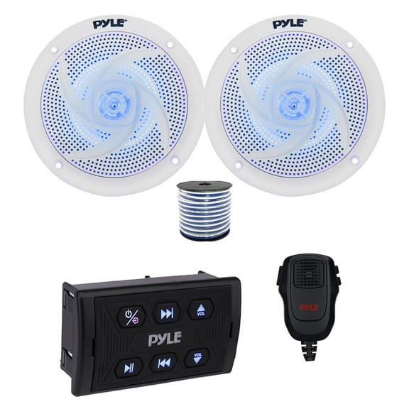 Pyle PLMRSQMIC Marine Wireless Bluetooth Controller w/Handheld Mic, 2x 5.25" 180 Watt Max Power 2-Way Waterproof Low Profile Slim Style Marine Blue Flashing LED Audio Speakers (White) w/Wire