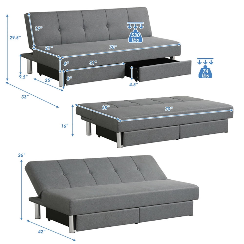 Finihen Convertible Sofa Bed, Modern Convertible Sleeper Couch, 3-Seat Convertible Sofa Bed with 2 Large Drawers and 3 Adjustable Angles, for Living Room, Gray Finihen Convertible Sofa Bed, Modern Convertible Sleeper Couch, 3-Seat Convertible Sofa Bed with 2 Large Drawers and 3 Adjustable Angles, for Living Room, Gray