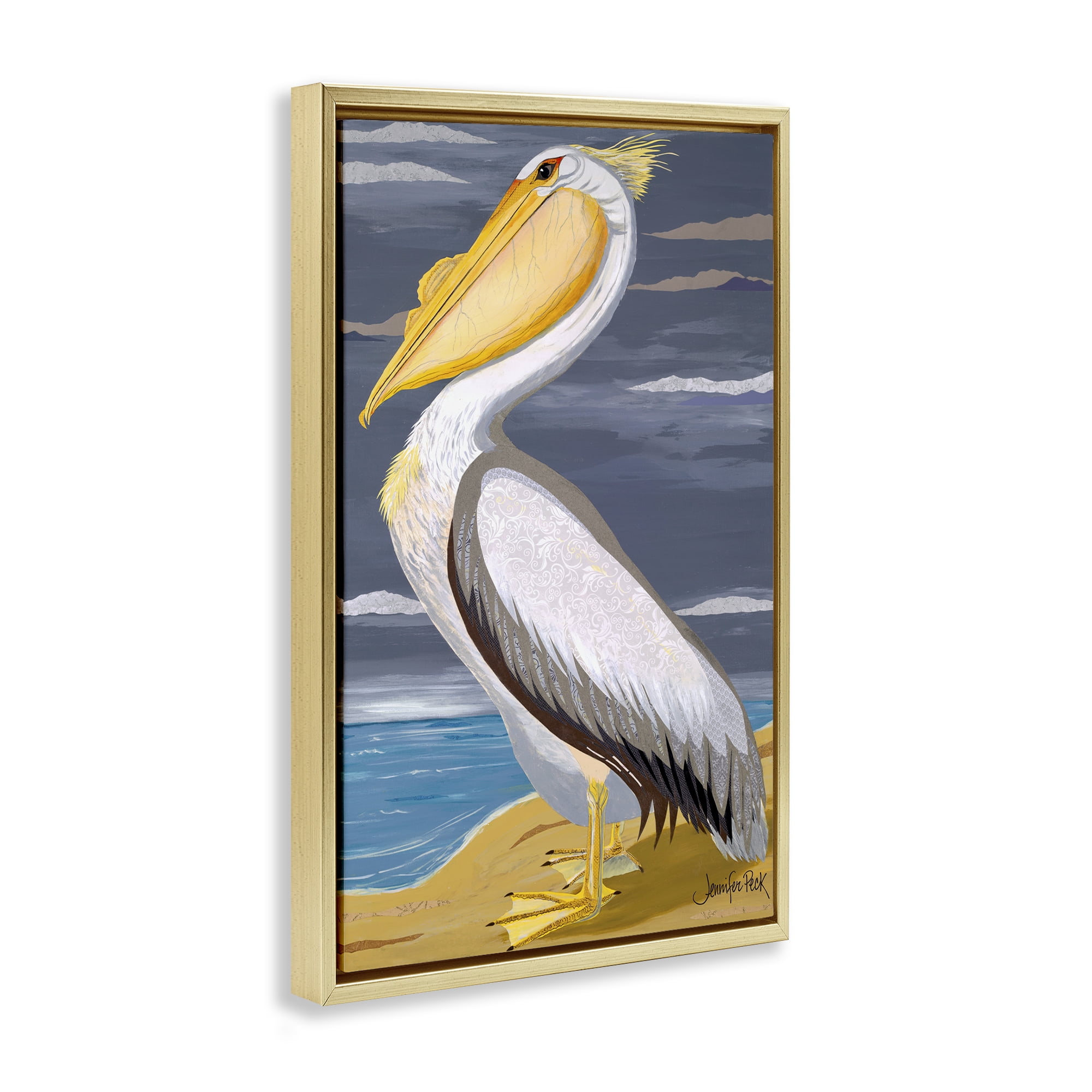 Stupell Industries White Pelican on Shore Animals & Insects Painting Gold Floater Framed Canvas Art Print Wall Art, 17 x 25