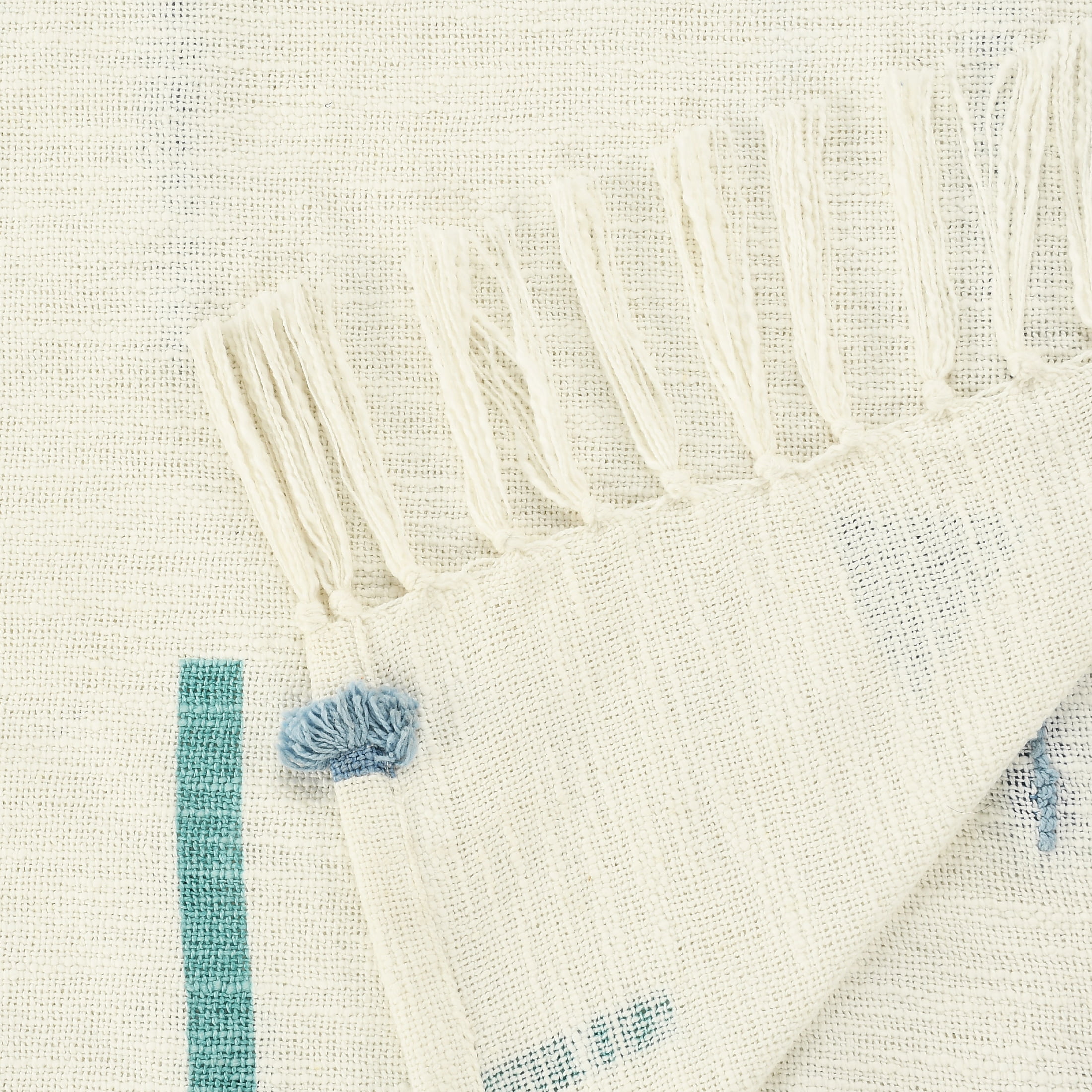 LR Home Cream/Blue Embroidered Geometric Adult Cotton Throw Blanket, 50" x 60"