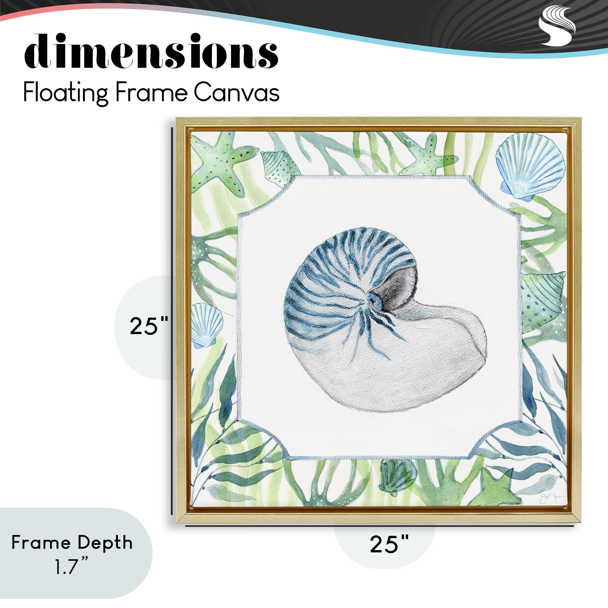 Stupell Industries Seaweed & Seashells Aquatic Gold Framed Floater Canvas Wall Art, design by Janet Tava