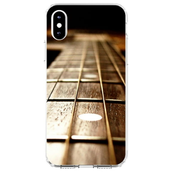 DistinctInk Clear Shockproof Hybrid Case for iPhone XR (6.1" Screen) - TPU Bumper, Acrylic Back, Tempered Glass Screen Protector - Guitar Strings Neck