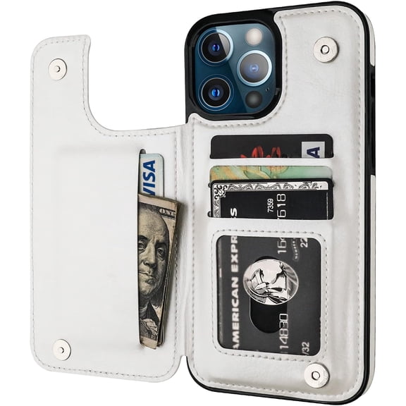 REQO Compatible with iPhone 13 Pro Max Wallet Case with Card Holder,PU Leather Kickstand Card Slots Case, Double Magnetic Clasp and Durable Shockproof Cover 6.7 Inch(White)