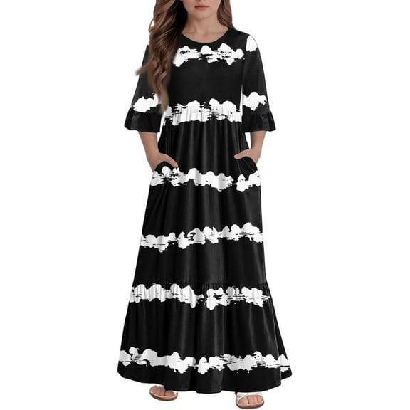 Abcomgle Girls Summer Dress Size 14-16 Casual A-Line 3/4 Sleeve Girls Long Dresses Striped Colorblock Crew Neck Sundresses Flowy Tiered Dresses with Pockets,4-5 Years Black