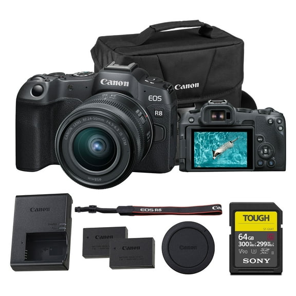 Canon EOS R8 Mirrorless Camera – 24.2MP Full-Frame RF Camera with 4K 60p Video, Dual Pixel AF II & Lightweight Design (with 24–50mm Kit) (5803C012)   64GB Memory Card   LP-E17 Battery   More