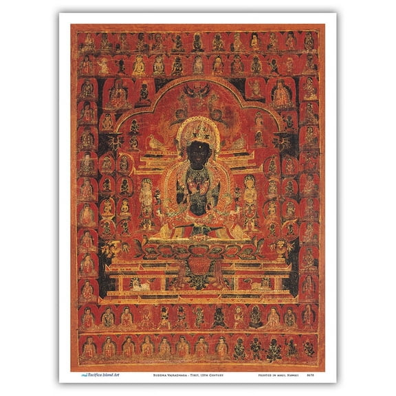 Buddha Vajradhara - The Vajra Holder Enlightened One - Vintage Tibetan Thangka Buddhist Painting - Tibet, 15th Century - Master Art Print (Unframed) 9in x 12in