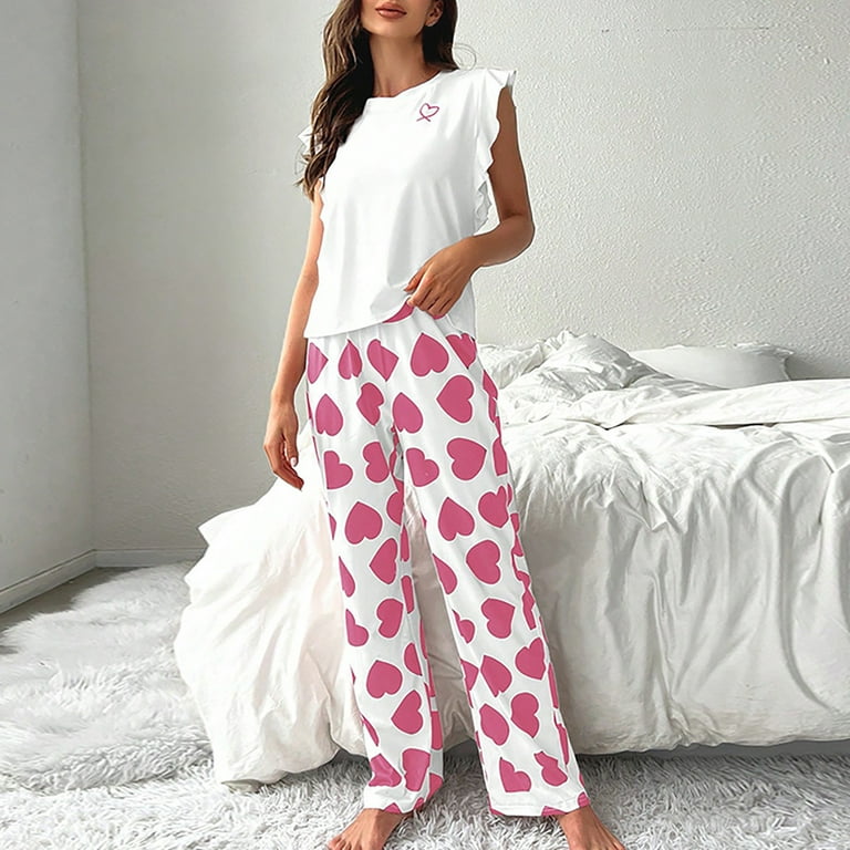 Feancey Cute Comfy Womens Pajama Set Dressy Casual Ruffle Sleeveless Tank Top Sleepwear Heart Printed Long Pants Pjs 2 Piece Sets Back to College