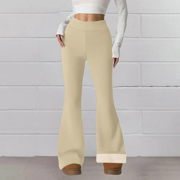 Women's Fleece Lined Thermal Pants, Winter Warm High Waisted Flare Leggings with Pockets, Soft Comfortable Yoga Pants for Lounging and Outdoor Activities Beige