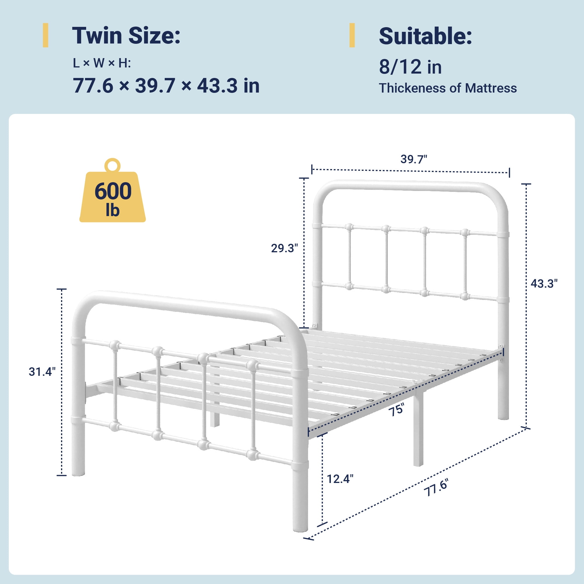 Allewie Twin Size Metal Platform Bed Frame with Victorian Style Wrought Iron-Art Headboard/Footboard, Black