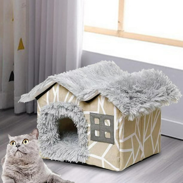 Casa de cama para mascotas, almohadilla extraíble, parte inferior antideslizante, casa de techo doble, caseta de refugio cómoda para perros pequeños, 44cmx36cmx39cm Yinane Casa de la cama del gato