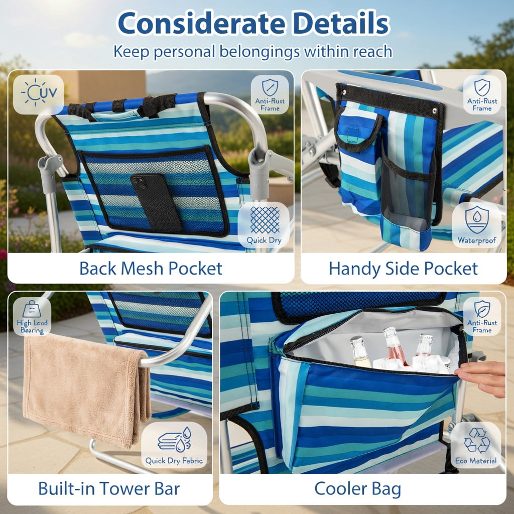 Hommoo Premium Folding Beach Chair for Adults, 4-Position Adjustable Backrest, Lightweight Aluminum Frame, Oxford Fabric Seat, Built-in Cooler Bag & Towel Bar, Blue