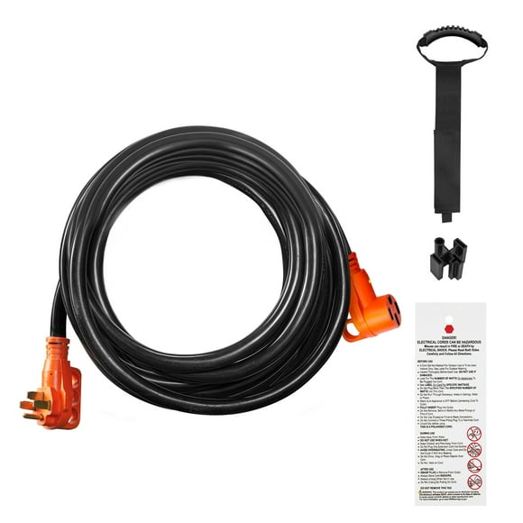 KFFKFF RV Extension Cable, 50 Feet, 50 Amp, Robust STW RV Electrical Wire, NEMA 14-50R Female NEMA 14-50P Male Connector, LED Indicator Handle 15A Adapter Included, Suitable for Trams, Generators