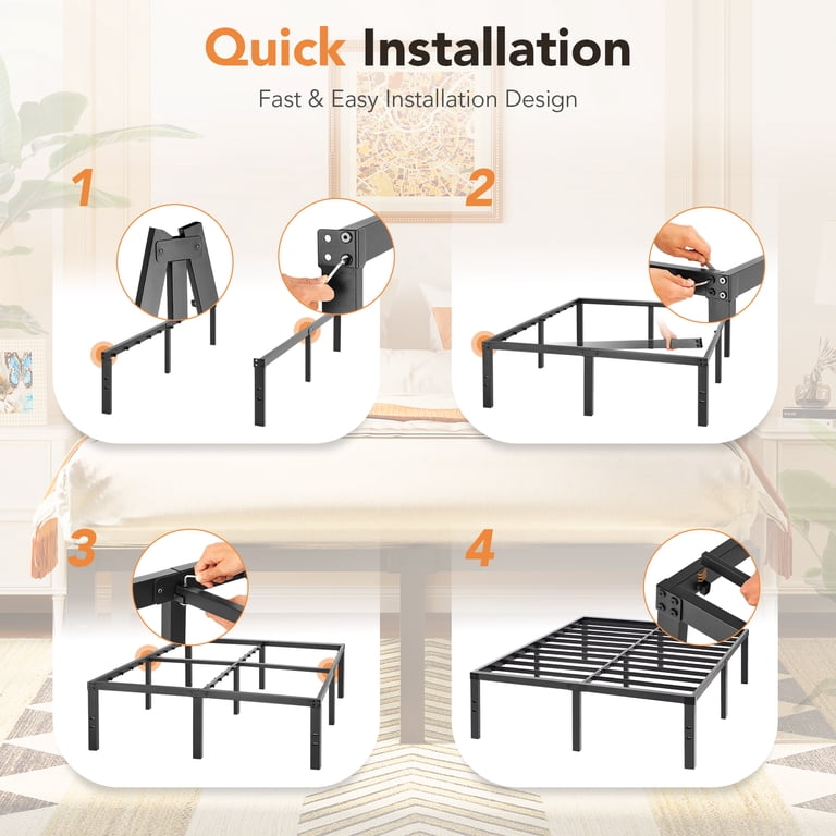 16 Inch Queen Bed Frame – Heavy Duty Metal Platform With Round Corner Legs, No Box Spring Needed, 3500 Lb Capacity, Noise Free