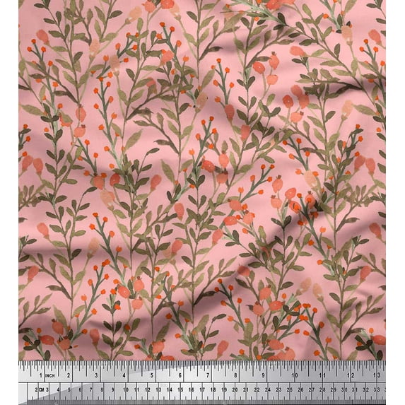 Soimoi Pink Silk Fabric Berries Leaves Print Sewing Fabric BTY 42 Inch Wide