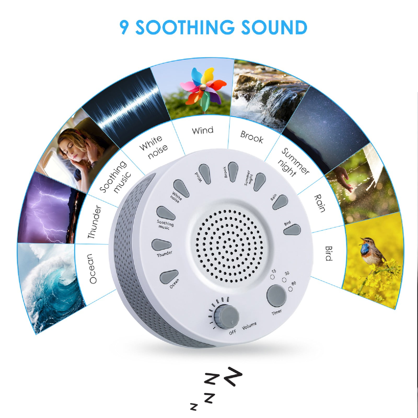 White Noise Therapy Sound Sleep Relaxing Machine Nature 9 Sounds Sleep