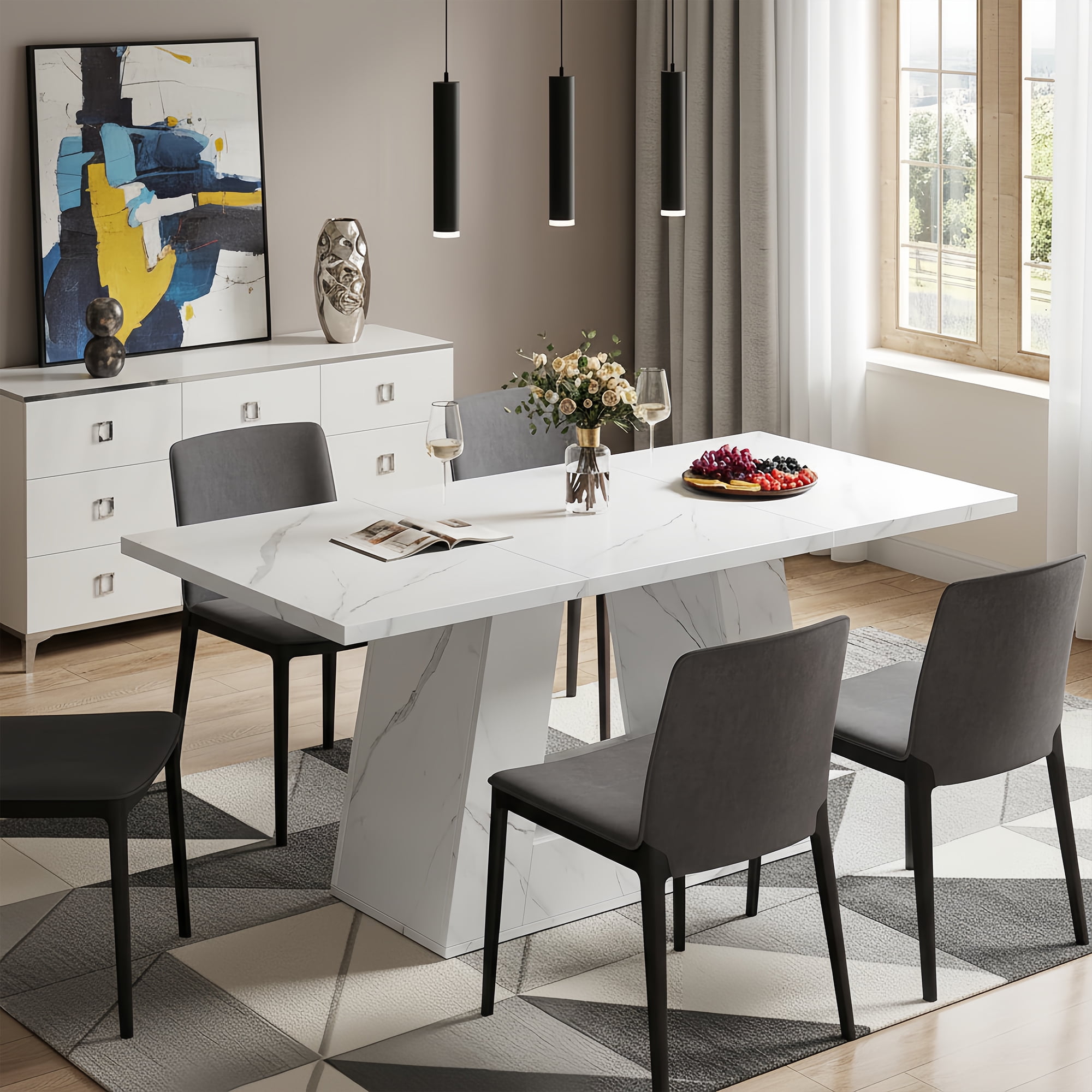 Modern Faux Marble Dining Table, 63" Rectangular 4-6 Seater Wood Table with Sturdy Base, Kitchen Living Room Dinner Table