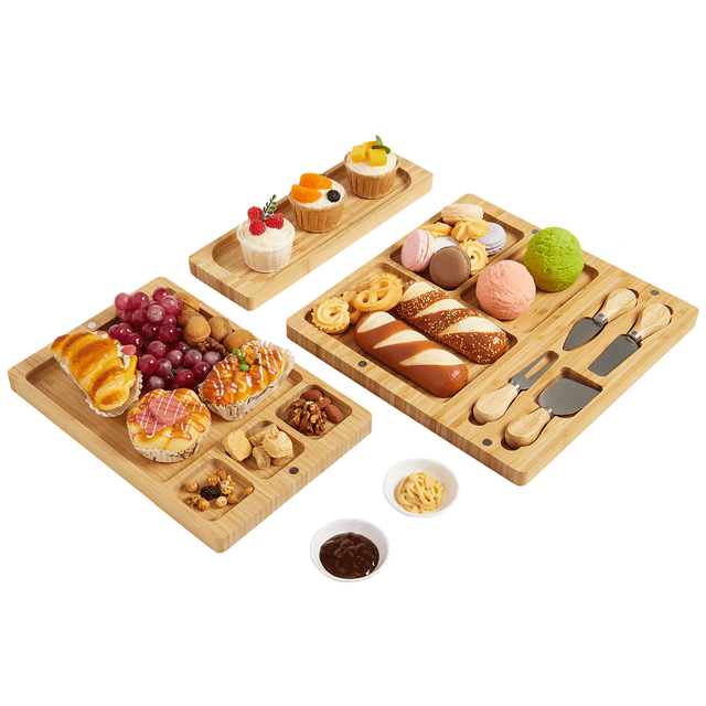 Towallmark 3 In 1 Bamboo Food Boards Gift Set, Large Bamboo Cheese Board Set with Knife Set, Deli Boards Set, Cheeseboard for Halloween Party, House Warming Gifts, Wedding Gift