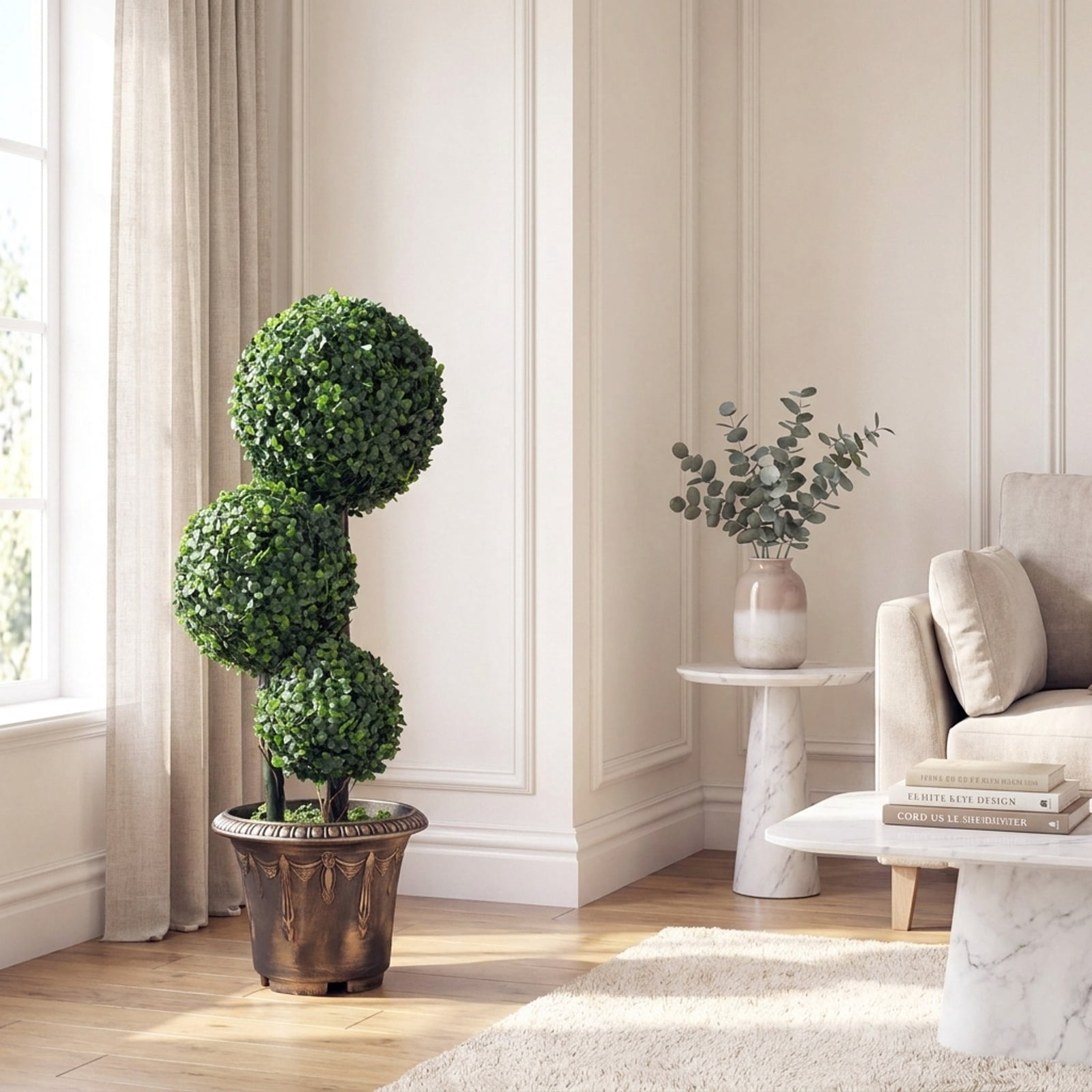 Vebreda Artificial Plant Decor, 2.5/3 FT Artificial Boxwood Topiary Tree Triple Ball Shrubs, Triple Ball Display, No-Care Daily Beauty