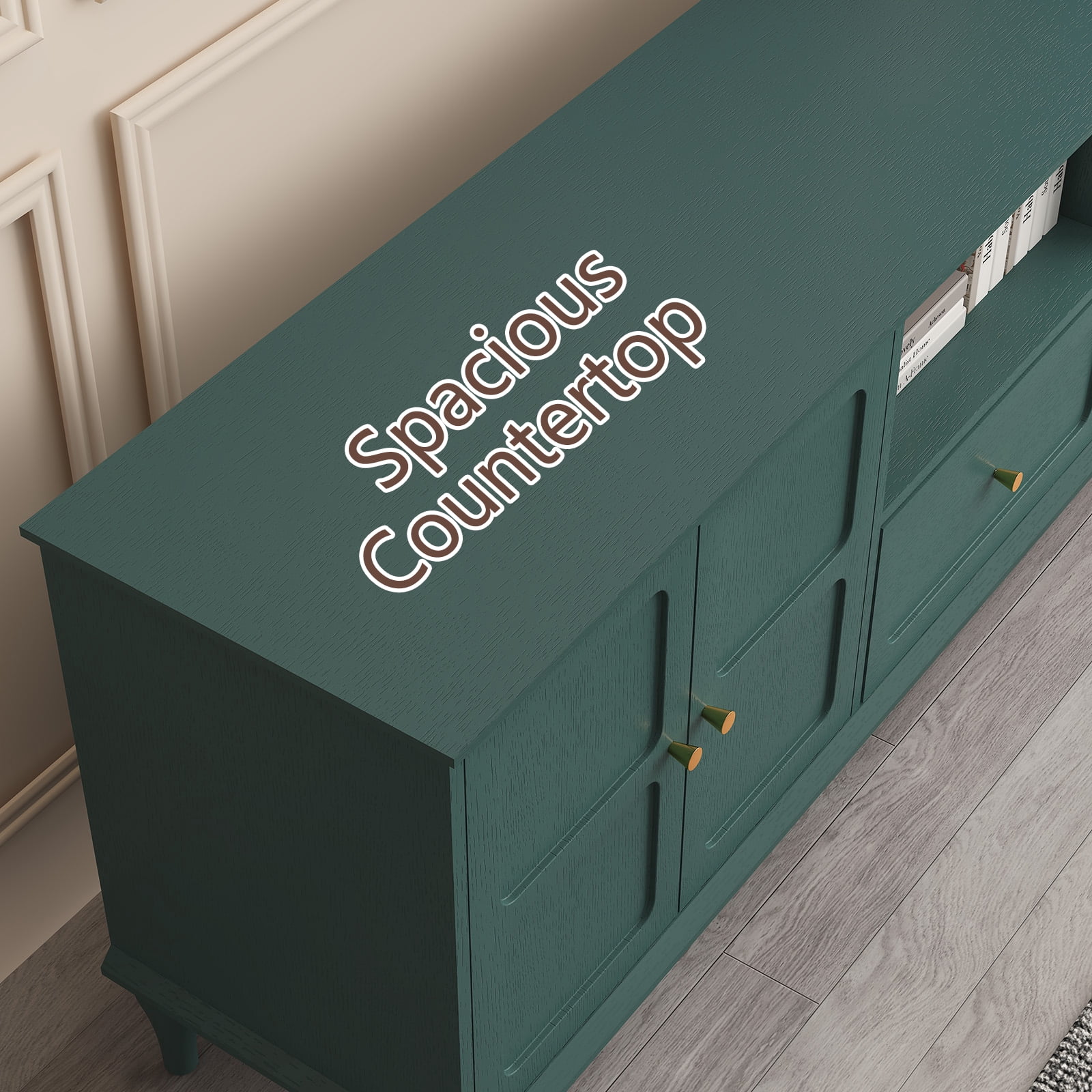 HLR Mid Century 67" TV Stand, for TVs up to 75", Living Room Entertainment Center with 4 Door Storage Cabinet, Green