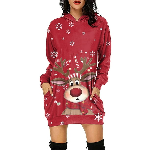 WILLBEST Sudadera Deportiva de Mujer, Estilo Casual, de Manga Larga, Ideal para Otoño E Invierno Sudadera con Capucha y Bolsillo, con Estampado Navideño XXX-Grande
