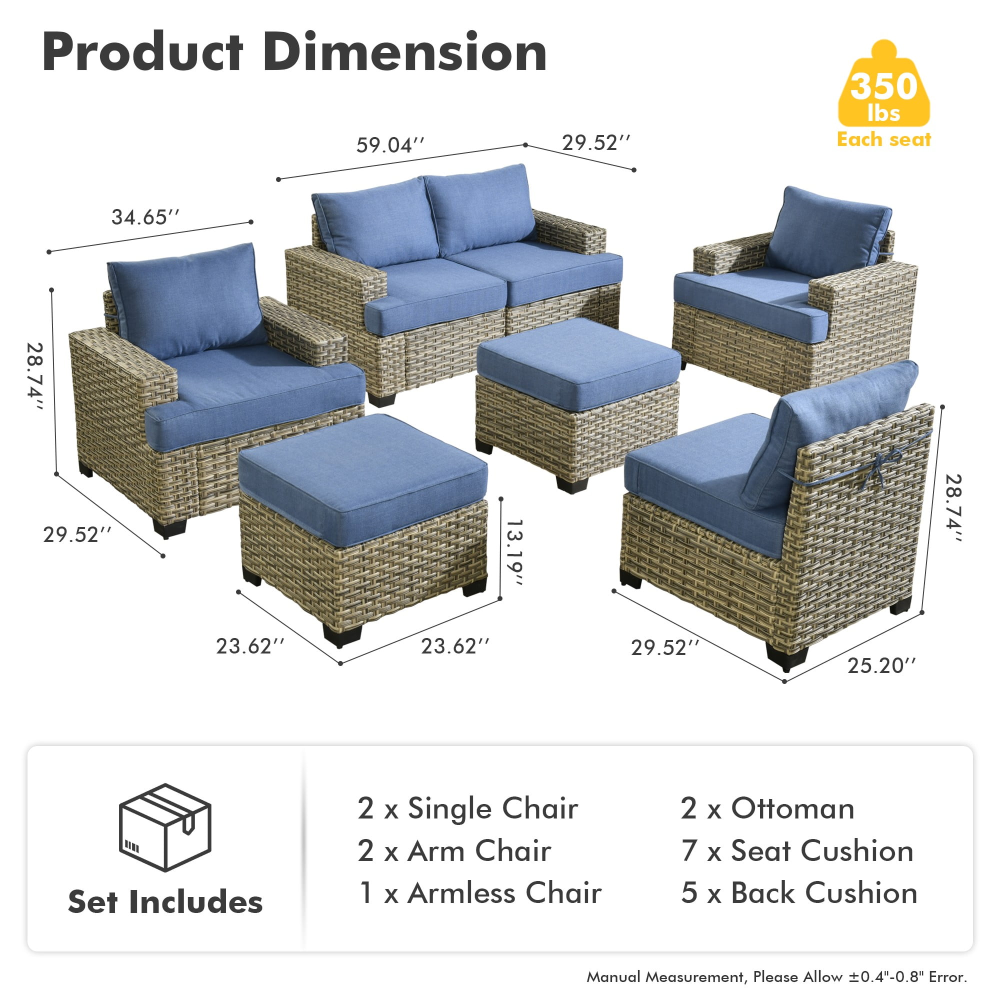 XIZZI Wicker Patio Furniture 7 Pieces Rattan Outdoor Conversation Set All Weather Modular Sectional Sofa Patio Chair Set with Cushion Ottoman for Porch, Diamond Blue