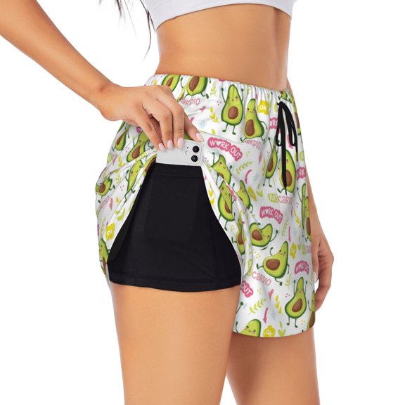 Vsdgher Avocado Work Out Print Women's Running Double Layer Shorts High Waisted with Pockets Elastic Yoga Workout Athletic Gym Sports