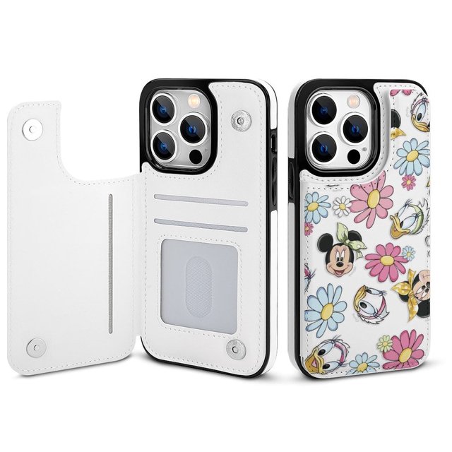 Funda tipo cartera de Mickey Mouse para iPhone 14 Pro con tarjetero, tapa trasera tipo libro de piel sintética con función atril, ranuras para tarjetas, cierre magnético doble, antigolpes