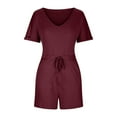 thumbnail image 6 of FAIWAD Womens Elastic Short Rompers V Neck Short Sleeve with Pockets Comfy Jumpsuit with Drawstring (Medium, Wine), 6 of 7