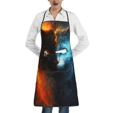 

Lukts Red And Blue Fire Cat Pattern Kitchen Apron Waterdrop Resistant Apron with adjustable Aprons for Women and Men with Pockets Cooking Apron