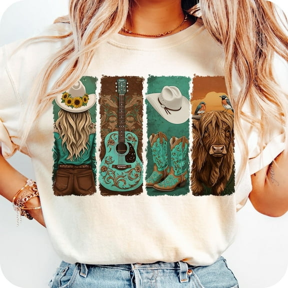 Retro Western Cowgirl T-Shirt, Western Turquoise Shirt, Cowboy Boots Tee, Cowprint Shirt, Sunflower Tee, Country Popular Now Shirt, Western T-Shirt