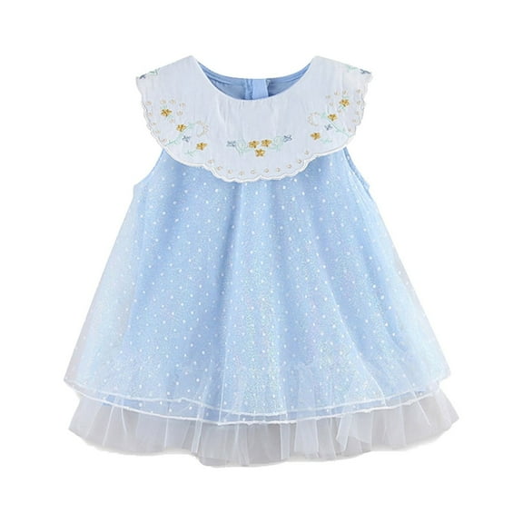 Girls Dress Baby Sleeveless Floral Collar Mesh Casual Princess Dress Girl Dresses Blue 18-24 Months