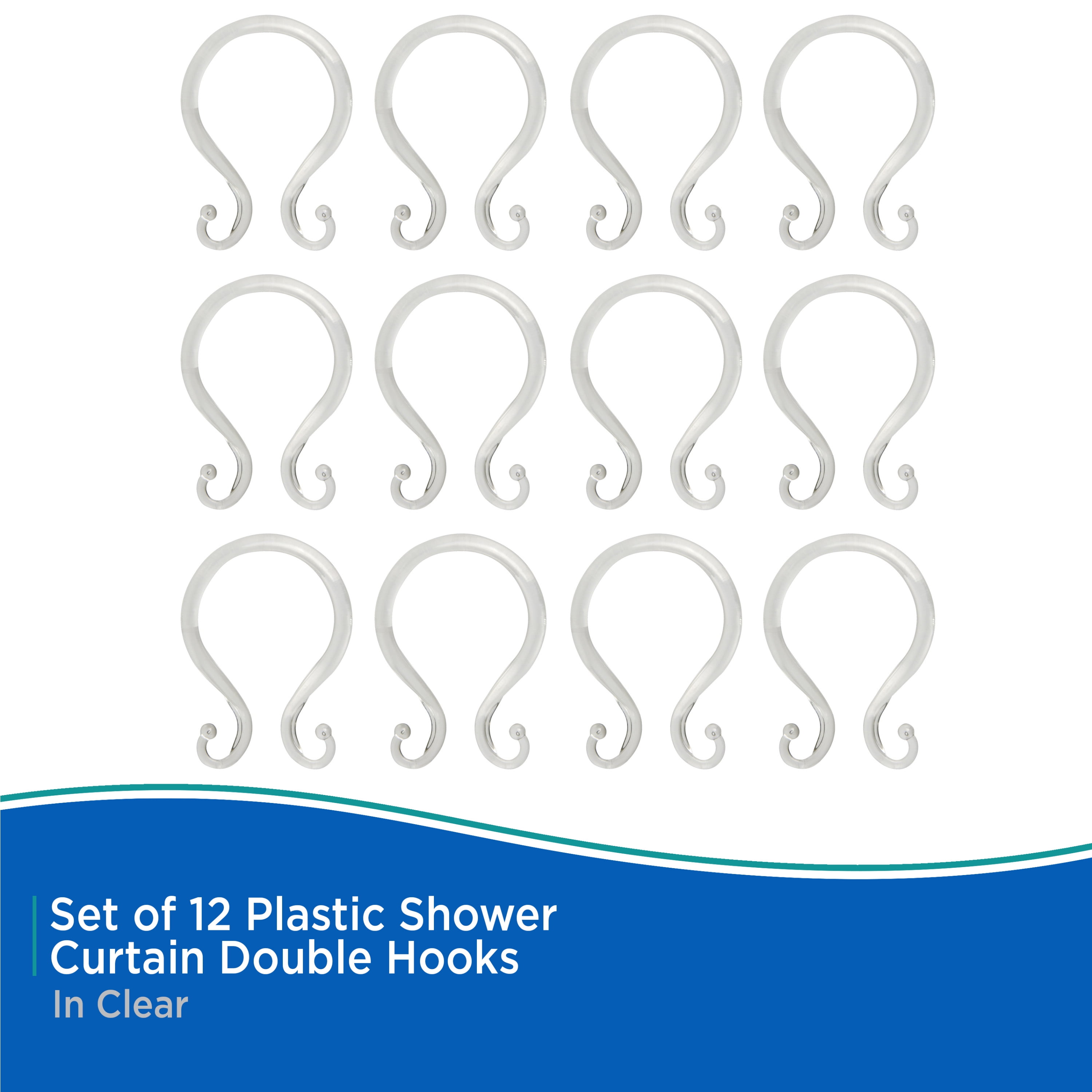 (2 pack) Kenney Rust-Proof Plastic Shower Curtain Double Hooks, Set of 12, Clear
