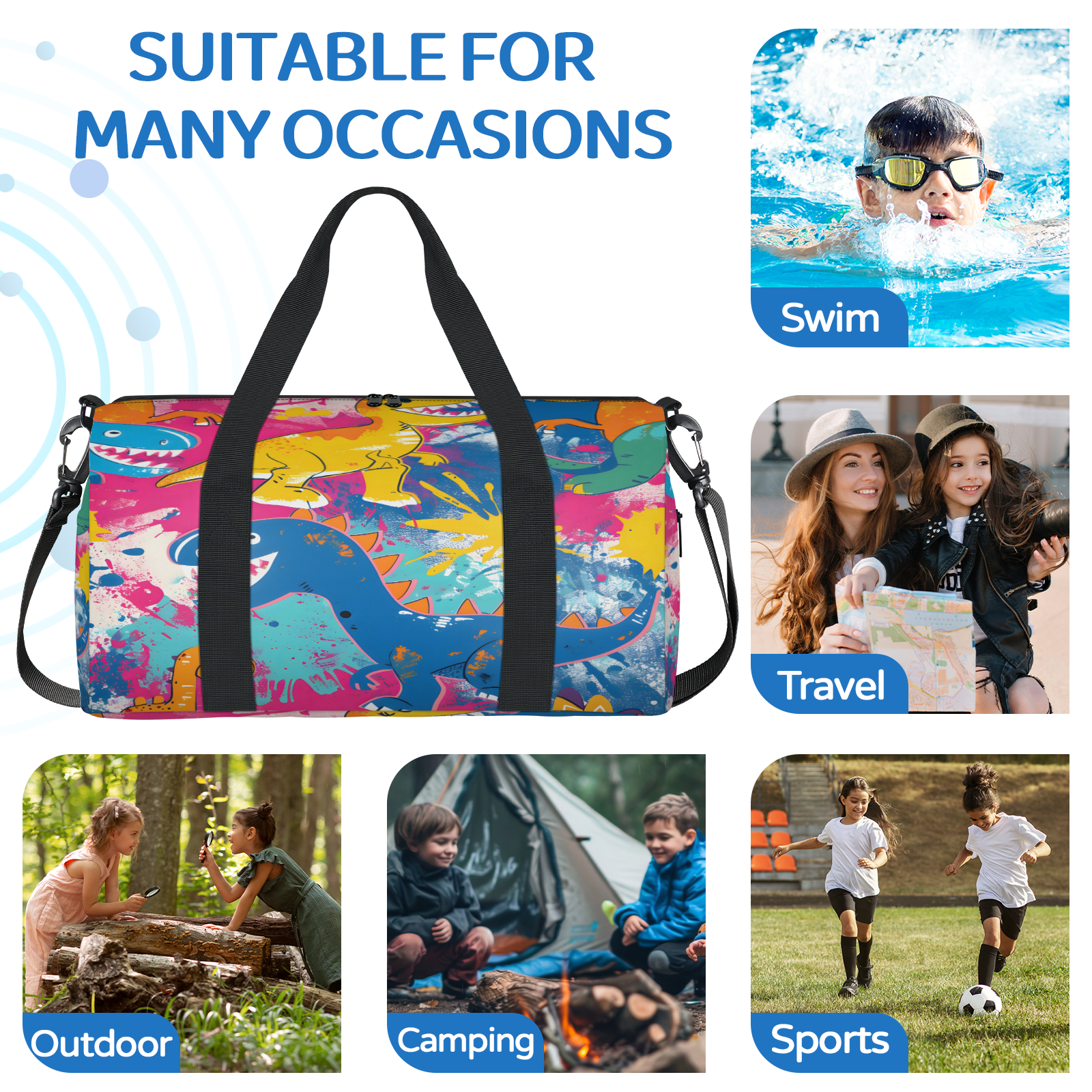 Herdesigns Colorful Rainbow Dinosaur Gym Bag for Women, Duffle Bag for Travel Sport, Lightweight Waterproof Carry on Weekender Overnight Dance Yoga Workout Bags
