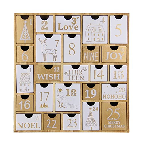 Juegoal Calendrier de l'Avent avec 25 Tiroirs Compte à Rebours jusqu'à Noël, Cadeau de l'Avent en Bois Rechargeable pour Enfants, 12 Pouces de Haut