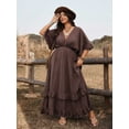 thumbnail image 3 of Coffee Brown Plus Size Casual Vacation Tie Front Ruffle Maxi Dress With V-Neck And Flared Sleeves, Spring Summer, 3 of 7