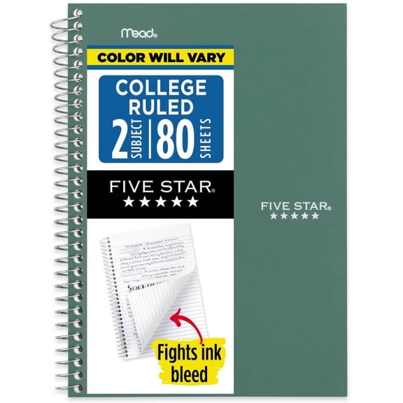 Five Star 80pg 2 Subject College Ruled Notebook 9.5"x6": Spiral, Wire-Bound, Acid-Free, Perforated, Water-Resistant, Pocket