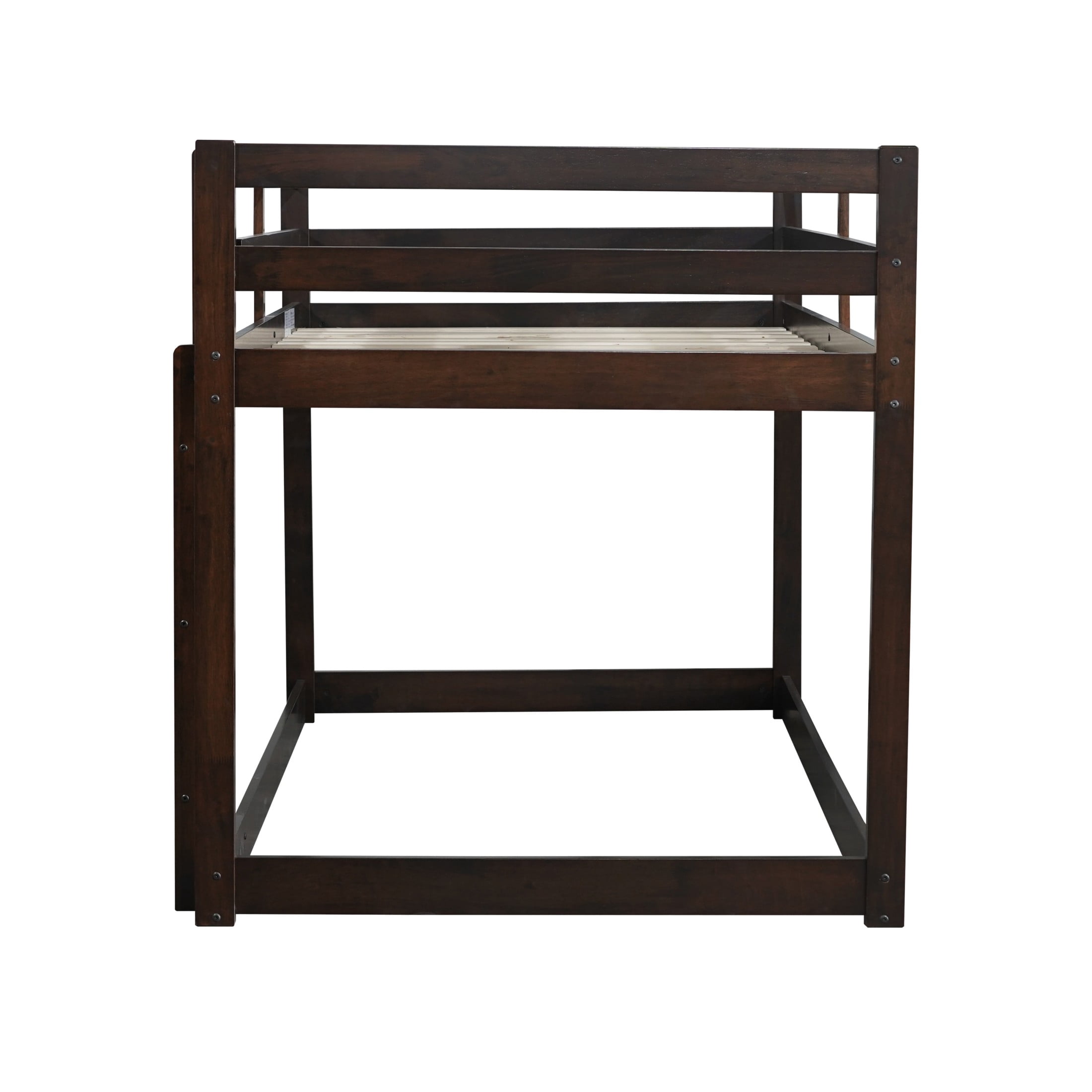 Noble House Jerome Twin Over Twin Floor Bunk Bed with Ladder, Solid Rubber Wood Frame with Strengthened Slats, Espresso