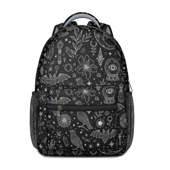 Bat and Moon Gothic Pattern Backpack for School, Cute School Bag with Adjustable Shoulder Straps and Padded Back, 15.3"x11"x6.7"