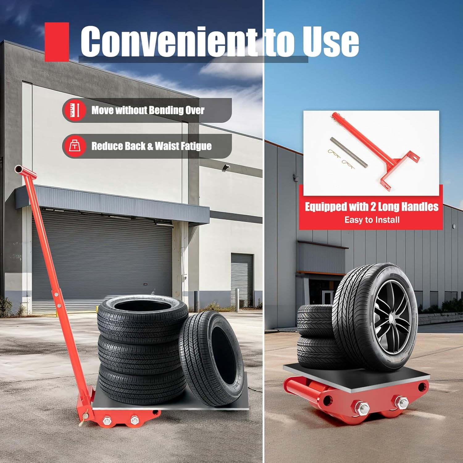TFCFL 4pcs Machine Skates, Machinery Mover with 2 Steering Handle, 6T/13200lbs Machinery Moving Skate Dolly w/ 360°Rotation Disc & 4 Rollers, Heavy Duty Industrial Moving Equipment, Red