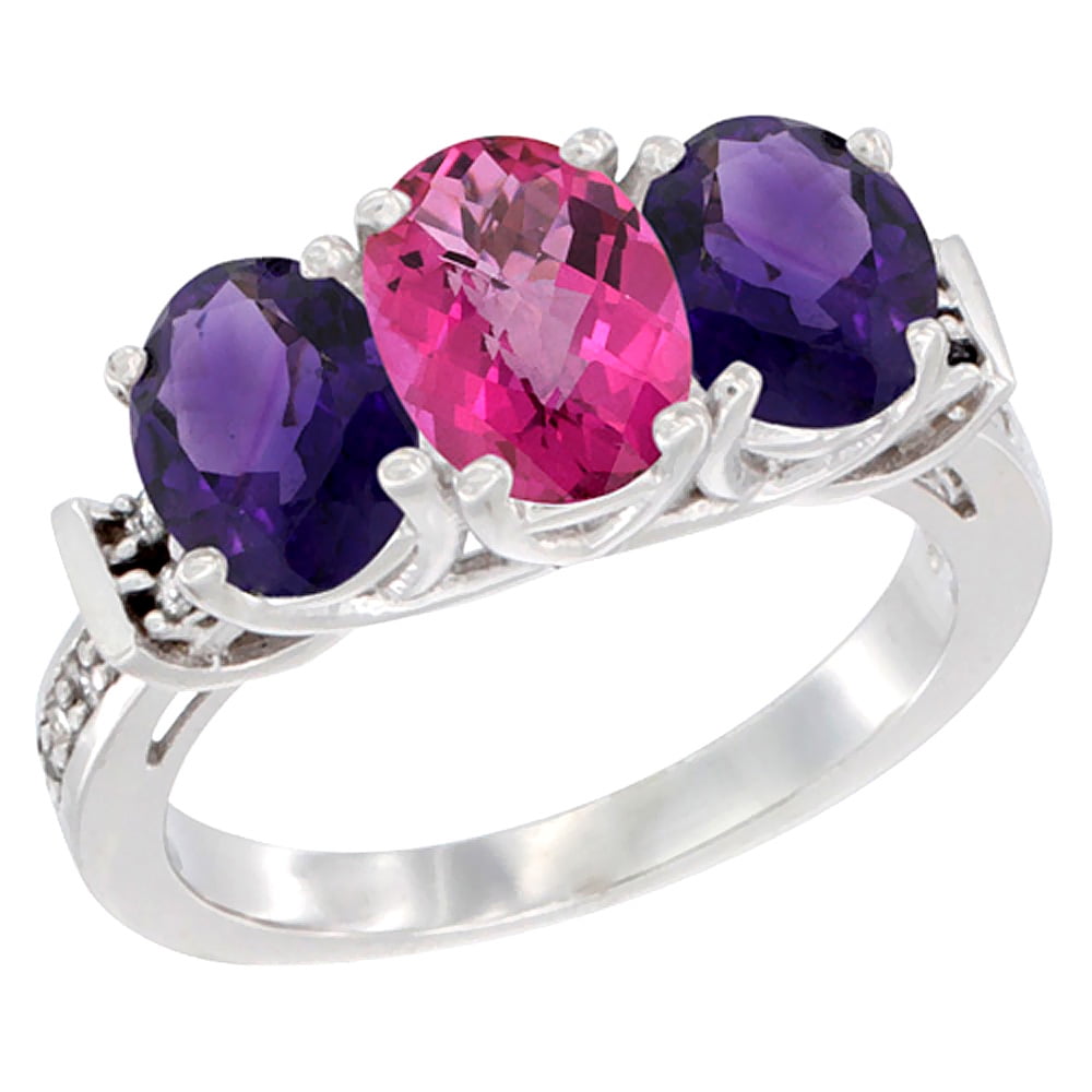 14K White Gold Natural Pink Topaz & Amethyst Sides Ring 3-Stone Oval Diamond Accent, sizes 5 10 by WorldJewels
