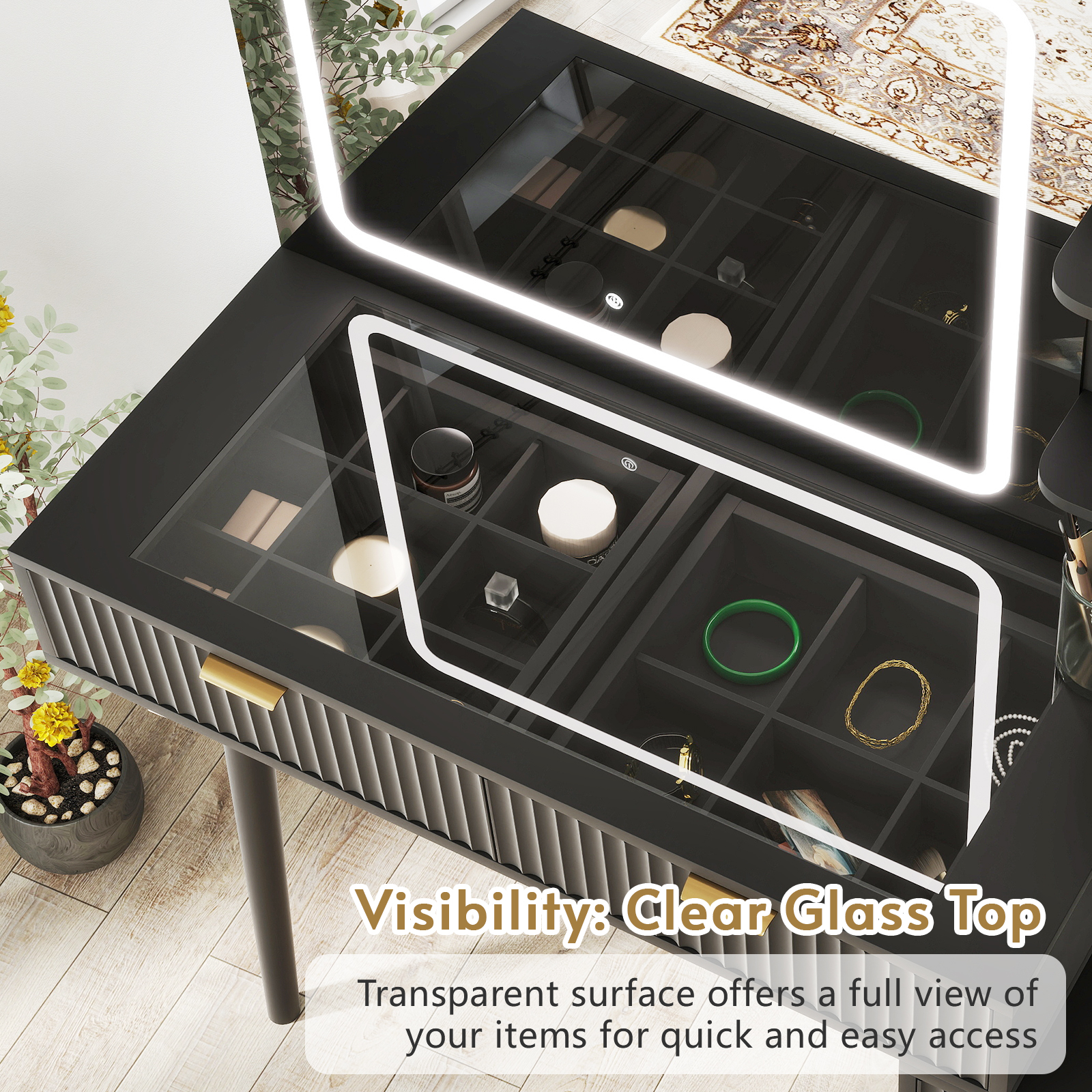 Danpinera Home 49" Glass Top Vanity Desk with LED Mirror and Charging Station, Black