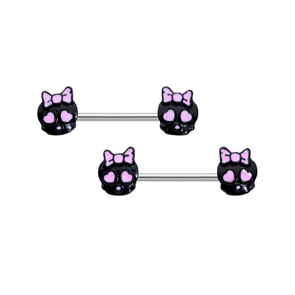 Body Candy 14G Womens Nipplerings Piercing Stainless Steel 2Pc Pink Heart Black Skull Nipple Ring Set 9/16"