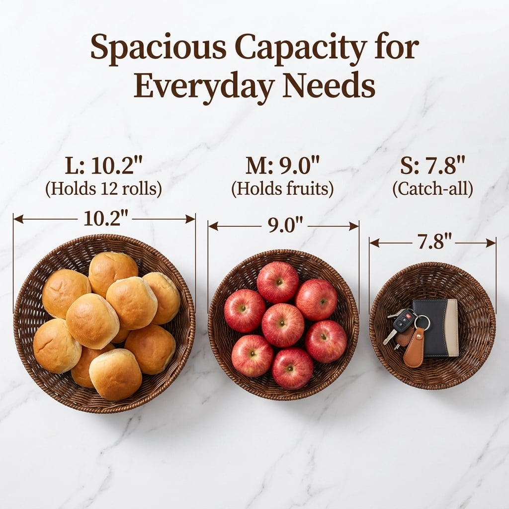 Serving Baskets Set of 3, Round Poly Wicker Bread and Fruit Basket for Food, Washable Storage Bowls for Kitchen Counter