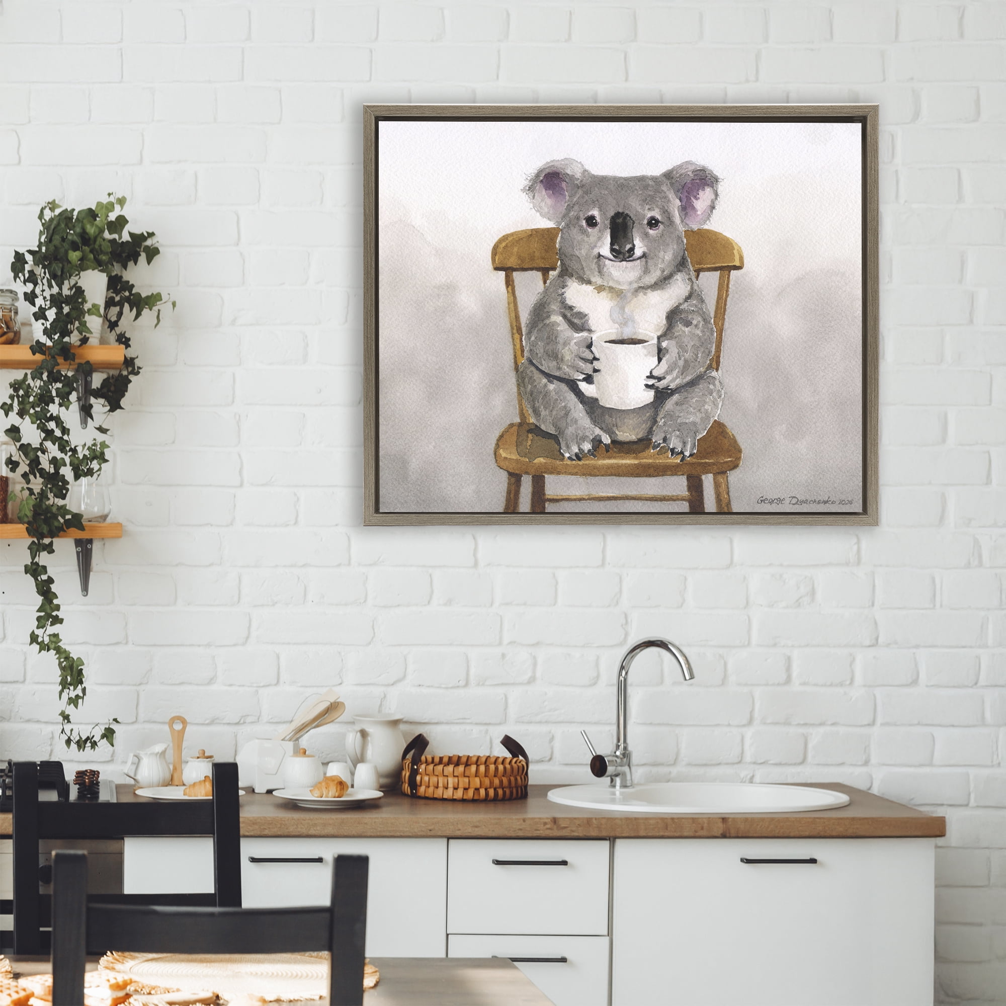 Stupell Industries Koala with Coffee Mug Brown Framed Floater Canvas Wall Art, design by George Dyachenko