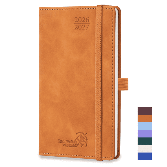 POPRUN Pocket Planner 2026-2027, 3.5" x 6.5", 17-Month (Aug 2026 - Dec 2027) Academic Pocket Calendar Book for Purse, Weekly and Monthly Layouts, Vegan Leather Hardcover - Brown