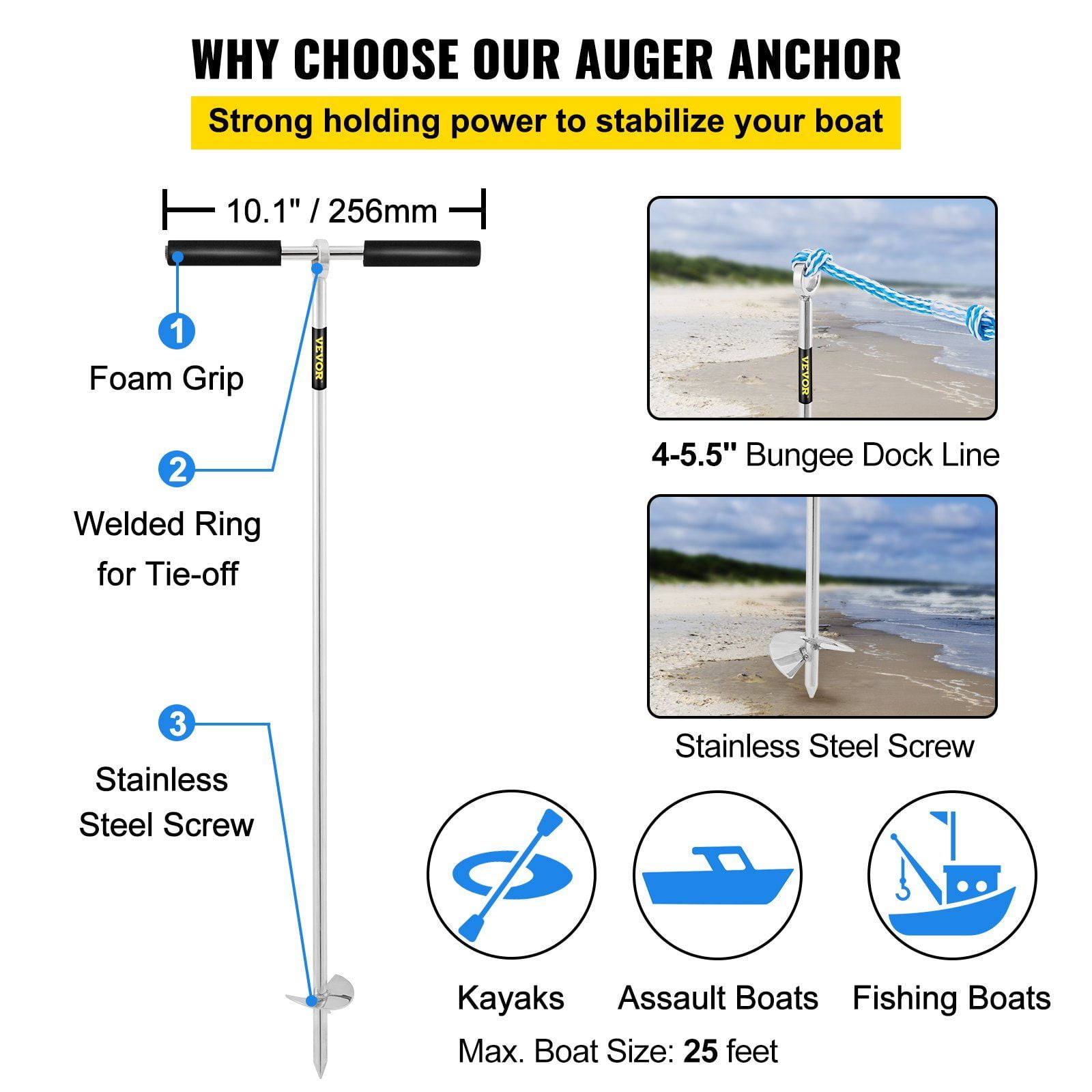 Heavy-Duty 36" Sand Auger Anchor - w/Handle & Storage Bag - Secure Jet Ski, Kayak on Beach/Sandbar - 316 Stainless Steel Construction